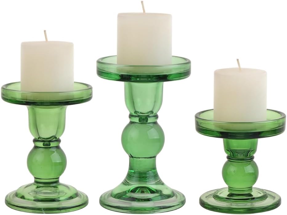 6-Piece Set of Green Glass Candlestick, Crystal Candlestick Holder Holder and Conical Candle, Christmas Candle Holder Decoration, Family Living Room Wedding Candle Holder (green2sets)