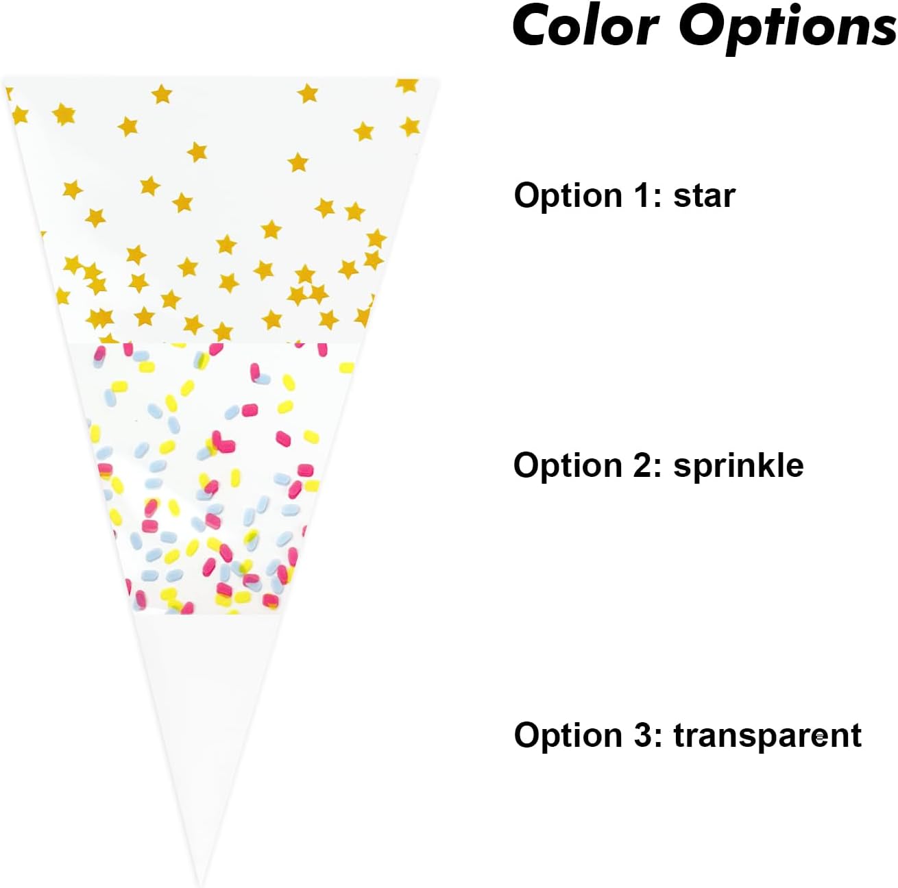 EKAPACKAGING 50Pcs 6.3x11.8 Inches Sprinkle Print Cone Shaped Treat Cellophane Bags Twist Tie Triangle Christmas Party Favor Cotton Candy Bags With Ties For Popcorn, Chocolates, Ice Cream Cone