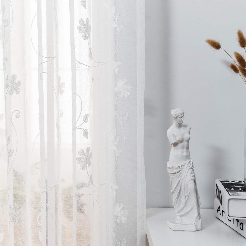 MYSTIC-HOME Embroidery White Sheer Curtains 84 Inches Long, Rod Pocket Sheer Drapes for Living Room, Bedroom, 2 Panels, 52"x84", Semi Crinkle Voile Window Treatments for Yard, Patio, Villa, Parlor.