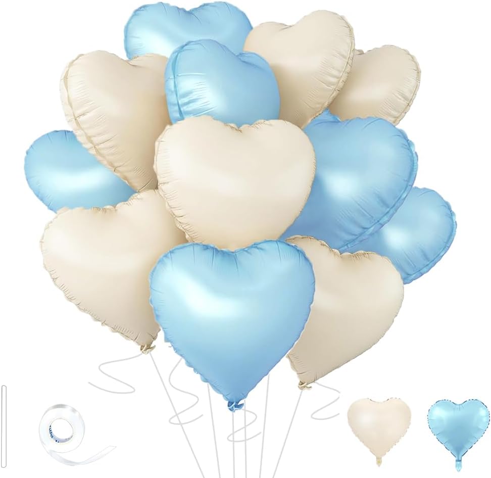 Baby White Heart Balloons，18 Inch Baby Blue Helium Foil Love Heart Shaped Balloons for Birthday Party Bridal Engagement Wedding Anniversary Baby Shower Valentines Decorations 12Pcs