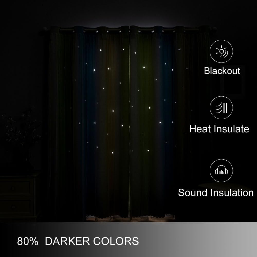 FANLI Ombre Rainbow Blackout Curtains for Kid Girls Bedroom Living Room Darking Stripe Double Layer Star Cut Out Wall Home Decor Gradient Grommet Window Curtains （Blue Green 52Wx63L）