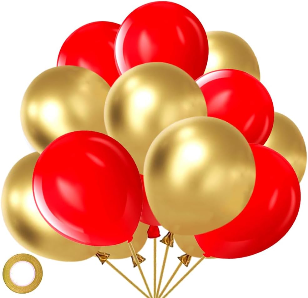 Red and Gold Balloons,70 Pack 12 inch Metallic Gold and Helium Matte Red Balloons for Valentine's Day Wedding Birthday Engagements Anniversary Party Decorations