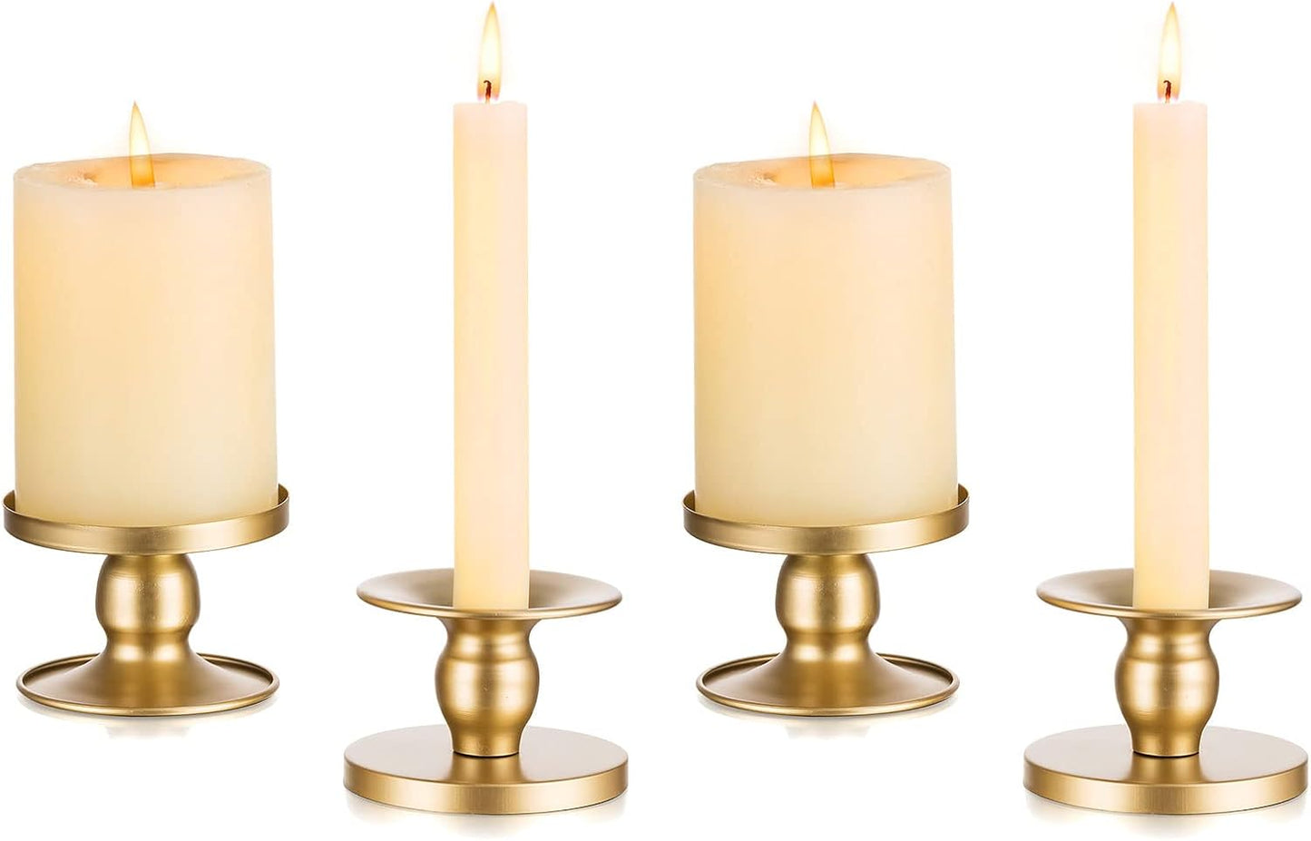 Candle Holders for Pillar Candles, Romadedi Gold Pillar & Taper Candle Holder, Small Metal Candle Stick Candle Holder for Wedding, Dining Room Table Centerpiece, Holiday Decor, 4 Pcs