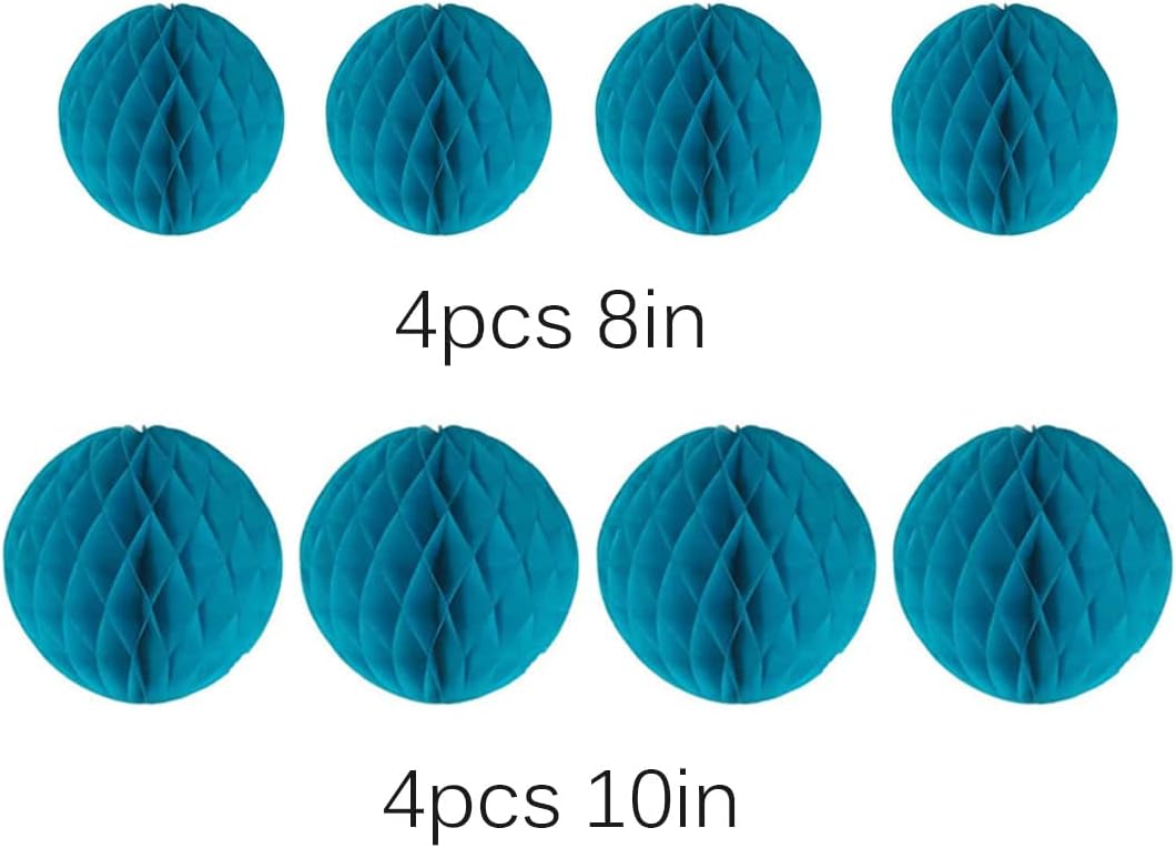 8pc Honeycomb Balls Party Decorations 8'' 10'' Tissue Paper Pom Poms Flower Balls Hanging Paper Honeycomb Balls for Party Baby Shower Birthday Wedding Nursery Wall Decor(8'' 10'' Teal)