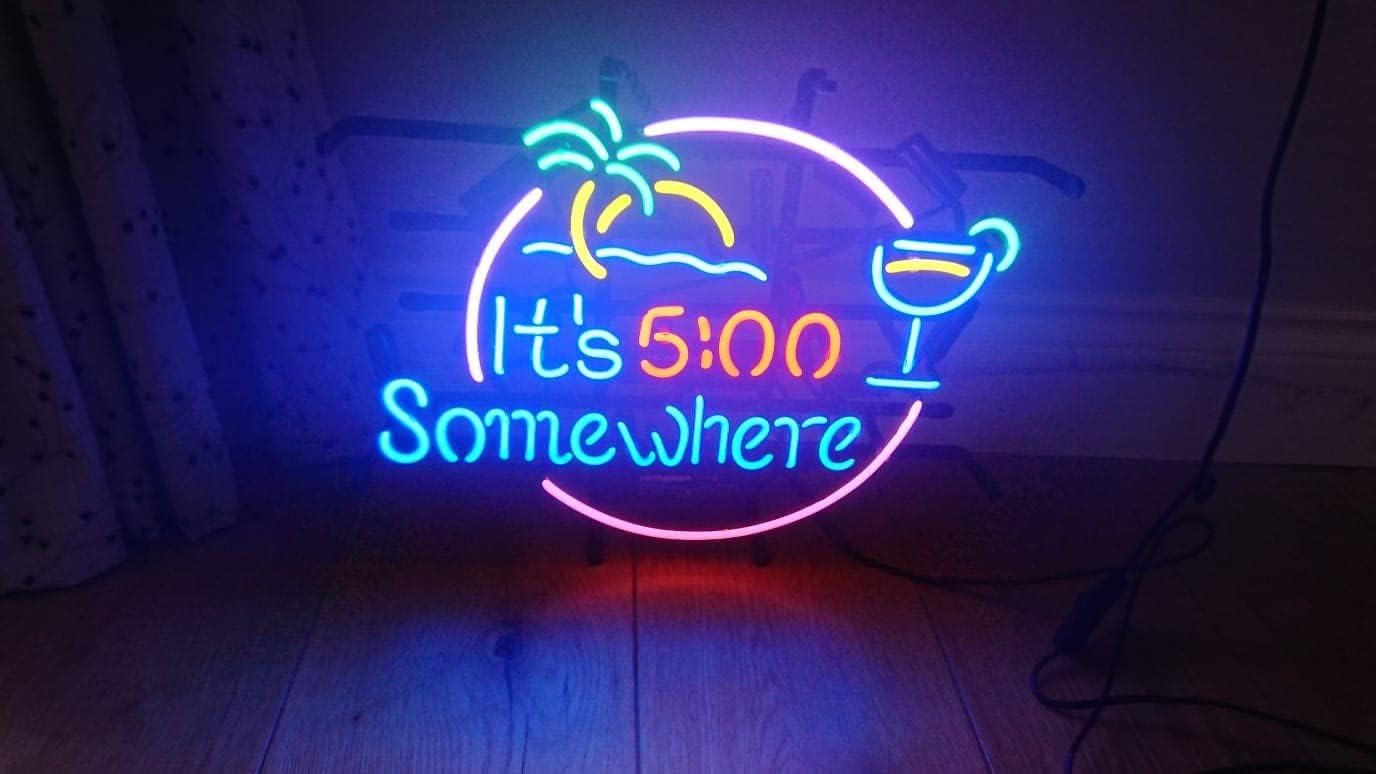 LiQi ™ It's 5:00 Somewhere Real Glass Neon Light Sign Home Bar Pub Recreation Room Game Room Windows Garage Wall Sign (17"×14" Large)