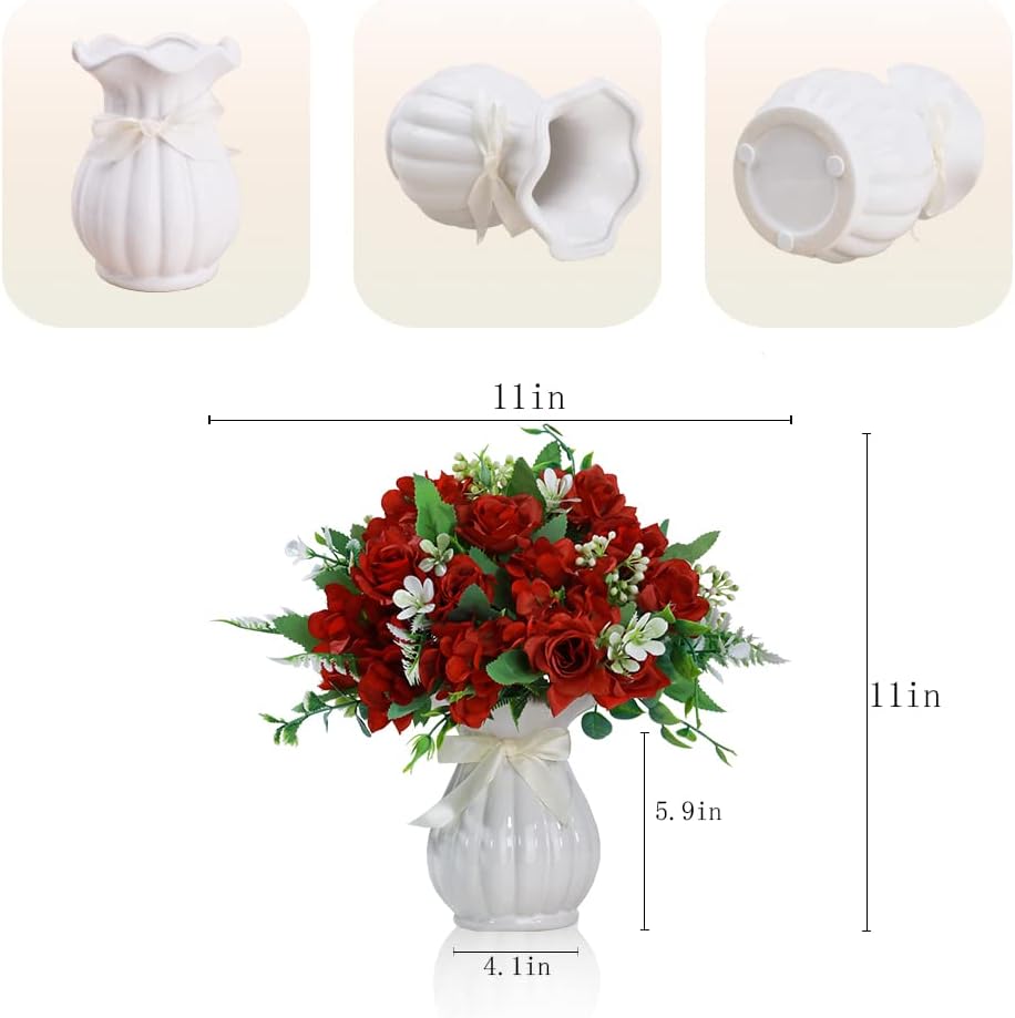 LESING Artificial Rose Silk Hydrangea Flowers Bouquets with Vase Rustic Fake Flowers for Home Decoration Table Centerpiece (Claret Red)