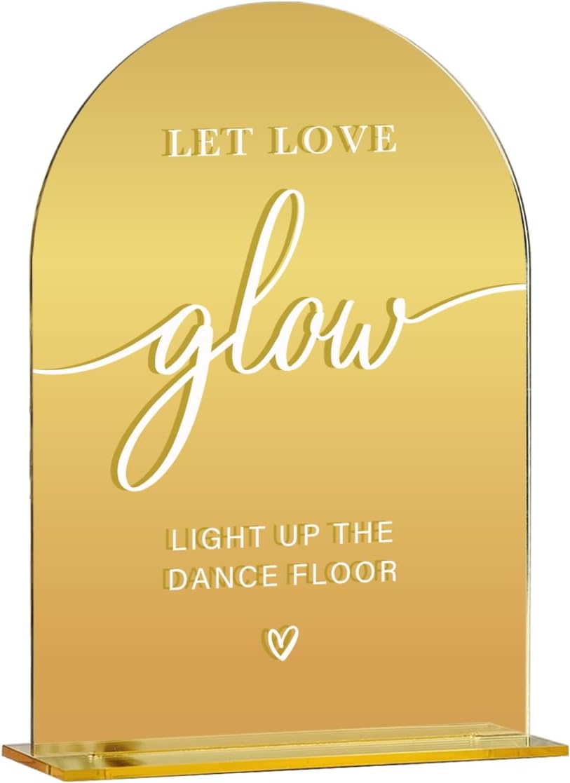 Acrylic Wedding Sign, Bridal Shower Decorations, Let Love Glow Sign for Ceremony, Modern Font Table Signs, Gold Mirror Arched Acrylic Tabletop Signs for Wedding Reception and Event Party