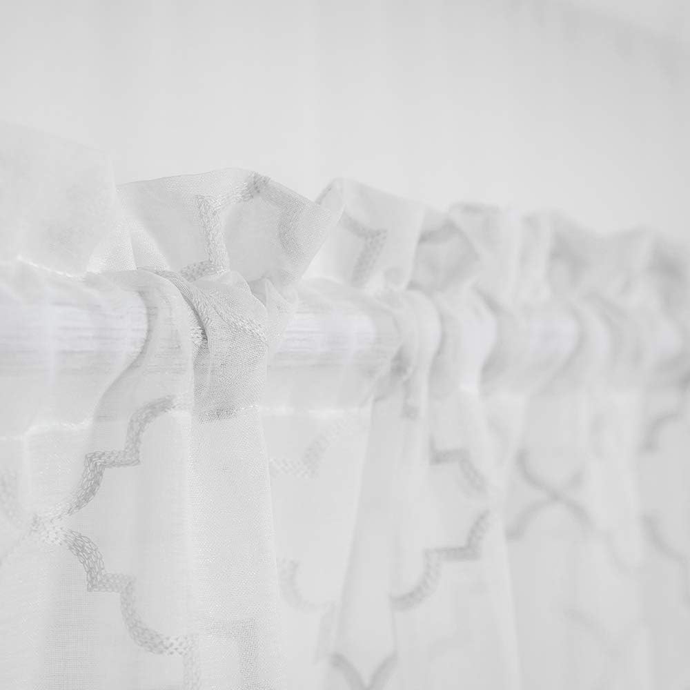 Sheer Curtains White 63 Inches,Embroidered Moroccan Tile Lattice Design Rod Pocket Voile Drapes for Living room, Bedroom, Window Treatment Crinkle Curtain Panels for Villa, Parlor, Set of 2, 52"x 63".