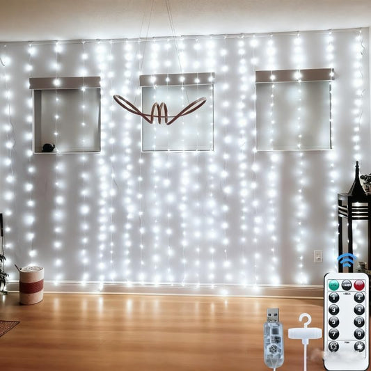 300LED Fairy Curtain Lights, 9.8x9.8Ft Warm White USB Plug in 8 Modes & Timer Christmas String Hanging Lights with Remote for Bedroom Indoor Outdoor Weddings Party Wall Decorations(White)
