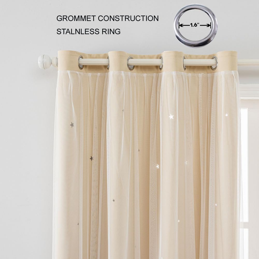 FANLI 2 Panels Star Blackout Curtains for Kid Girls Bedroom Living Room Darking Stripe Double Layer Star Cut Out Wall Home Decor Gradient Grommet Window Curtains (Beige 72L)