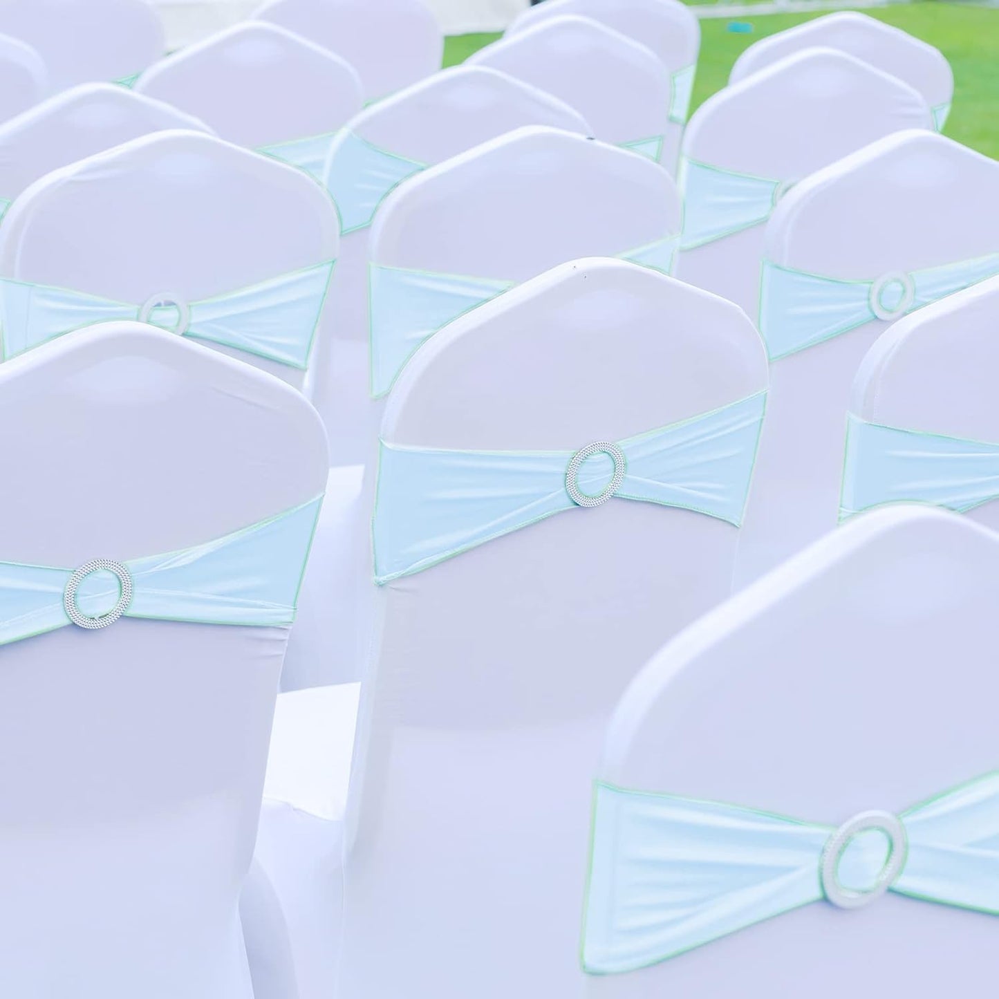 CHENGU 150 Pieces Spandex Stretch Chair Sashes Bows Elastic Chair Cover Bands Ties with Buckle Slider for Wedding Party Reception Events Universal Ceremony Banquet Decorations (Sky Blue)