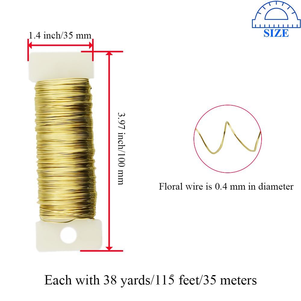 HAHIYO 26Gauge Golden Metal Floral Wire - 3 Rolls, 115 Yards (345 Feet) - Flexible Paddle Wire for Craft, Christmas Wreath, Flower Arrangement, Bouquet Wrapping, Wedding, DIY