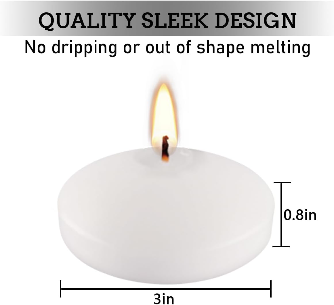 10 Hour Floating Candles, 3'' White Unscented Dripless Wax Discs, for Cylinder Vases, Centerpieces at Wedding, Party, Pool, Holiday (24 Set)