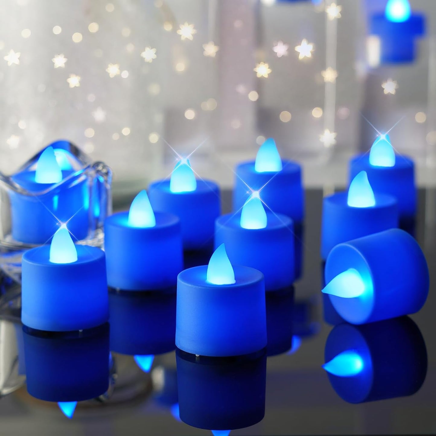 Amagic 24 Pack Blue LED Tea Lights, Flameless Votive Candles, Electric Fake Colored Candles, Battery Operated Tealights Candles for Halloween, Christmas, Home Decor, Wedding Table Centerpiece, Party