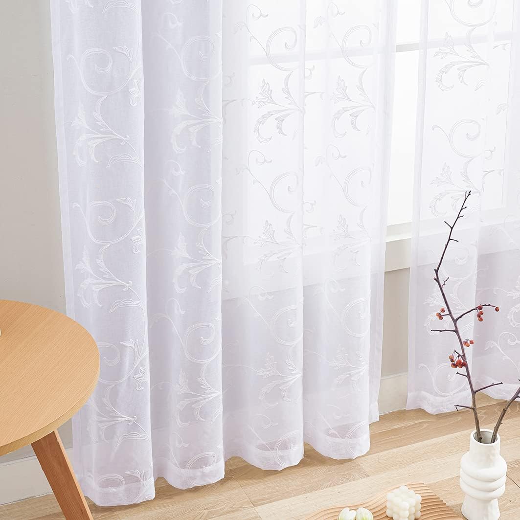 Floral Embroidery Sheer Curtains White 84 Inch Length, Rod Pocket Vintage Voile Drapes for Living room, Bedroom,Semi Crinkle Curtain Panels for Patio, Villa, Set of 2, 52"x 84". (52"Wx84"L, White)