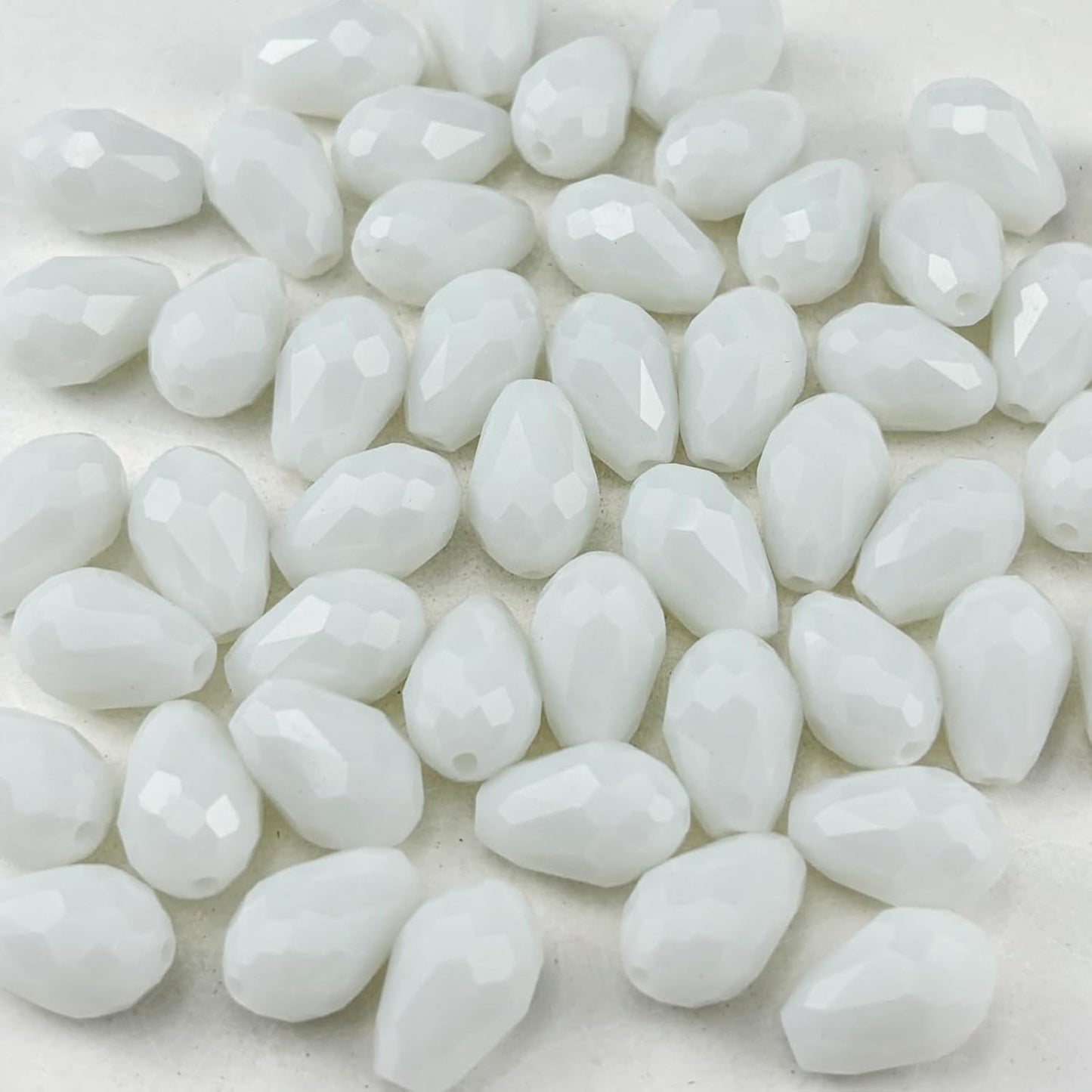 130pcs 6x8mm Teardrop Crystal Glass Beads for Jewelry Making, Faceted Vertical Hole Teardrop Glass Spacer Beads for Wind Chimes Bracelet Earring Necklace DIY Craft(White)