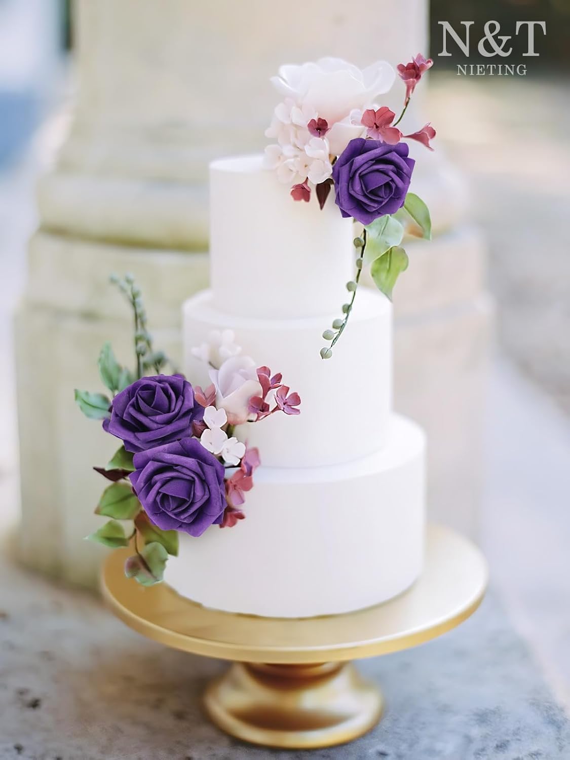 N&T NIETING Artificial Flowers 50pcs Real Looking Dusty Purple Foam Fake Roses with Stems for DIY Wedding Bouquets Bridal Shower Centerpieces Arrangements Party Tables Decorations