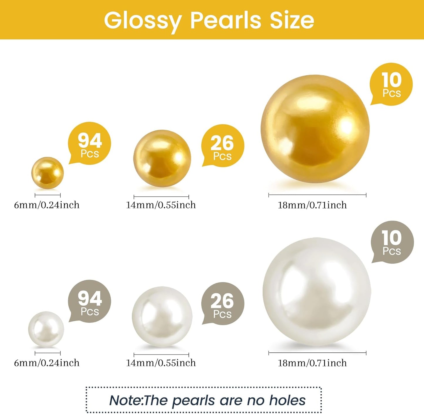260Pcs Gold andCream Glossy Beads for Centerpiece Decor, Artifical Pearls Vase Filler, Makeup Brush Beads, No Hole Round Pearl Beads for Wedding Birthday Christmas Party Home Decor(18mm 14mm 6mm)
