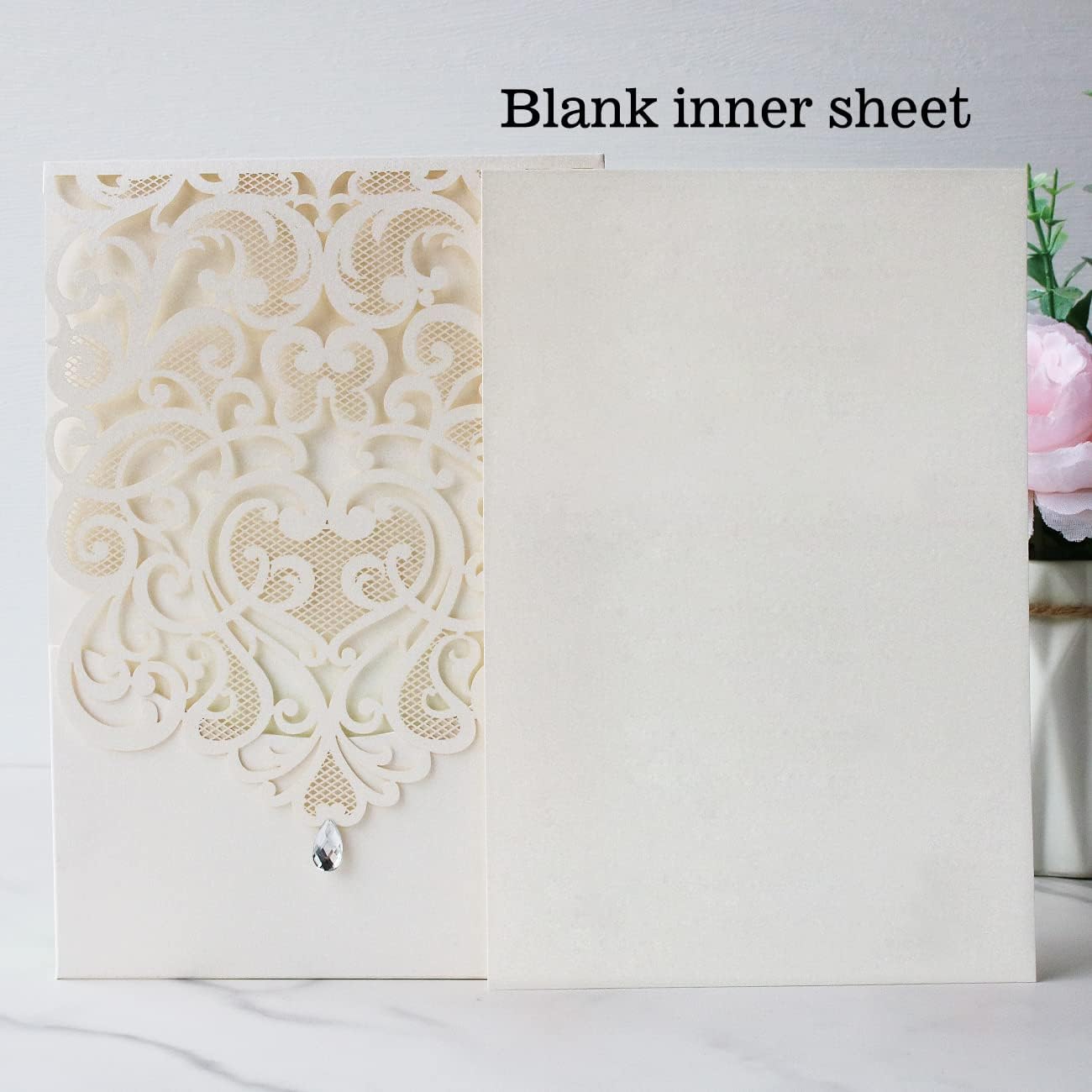 Hosmsua 50PCS White Wedding Invitations Kit 5 x 7.3 Inch Laser Cut Hollow Rose Rhinestone Pocket with Envelope for Quinceanera Bridal Shower Invite (White Ivory)