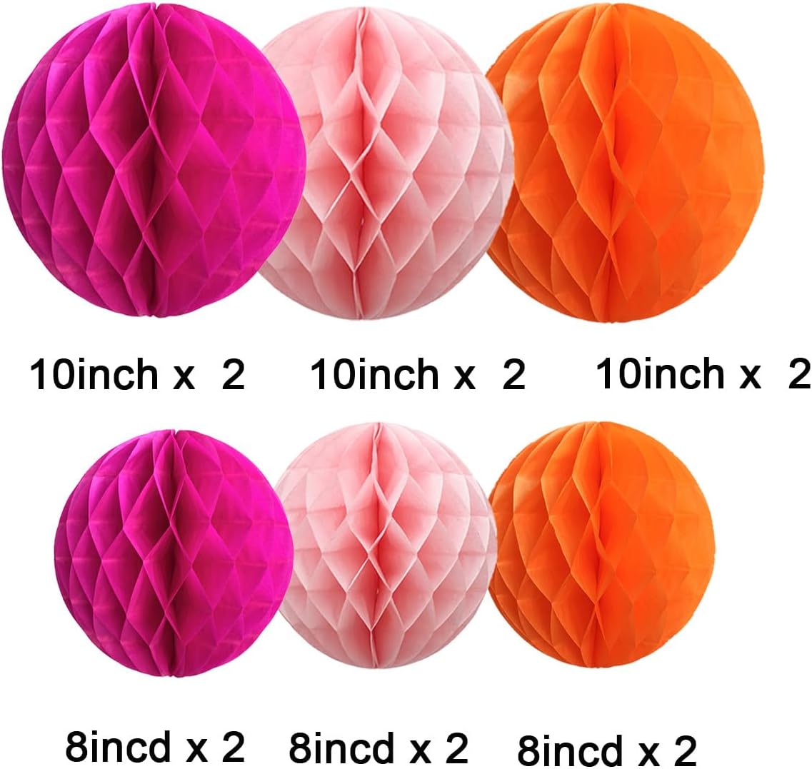 CC wonderland zone 12pcs Hot Pink and Orange Paper Honeycomb Balls,6" & 10" Hanging Tissue Pom poms for Birthday Party Decoration(Hot Pink,Pink,Orange)