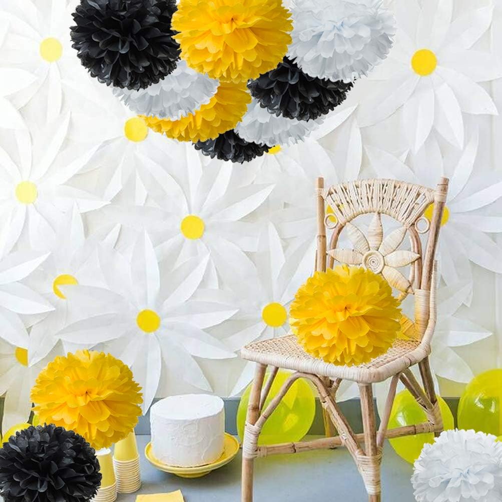 Paper Flower Tissue Pom Poms Bee Party Supplies (Black,Yellow,White,12pc)