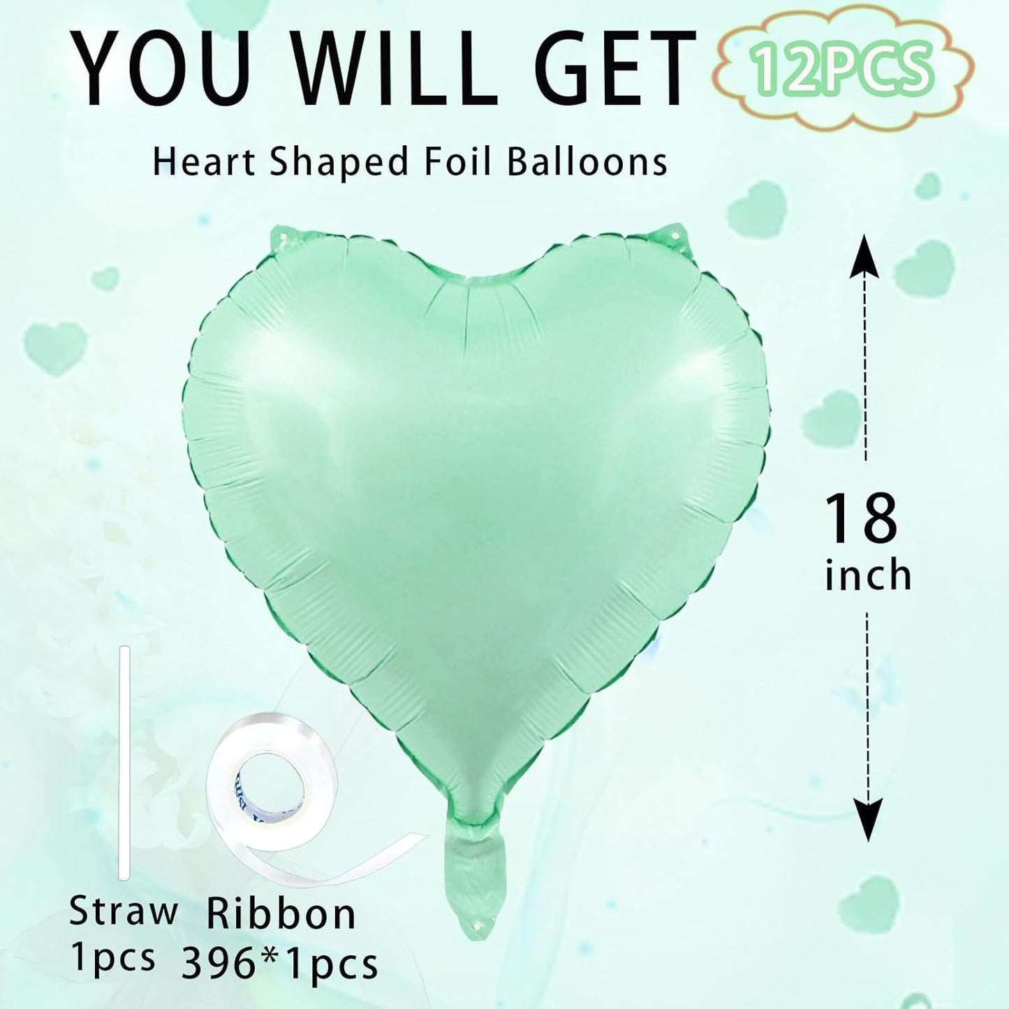 Green Heart Ballloons,18 Inch Pastel Green Foil Love Heart Shaped Balloons 12Pcs Light Green love balloon for Anniversary Birthday Party Baby Shower Valentines Day Decorations