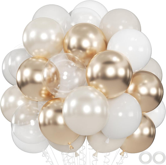 100pcs White and Gold Balloons - 12inch Sand White Metallic Champagne Gold Nude Pearl White & Clear Balloon for Baby showers, Wedding, Bachelorette, Graduation (with 66ft Ribbons)