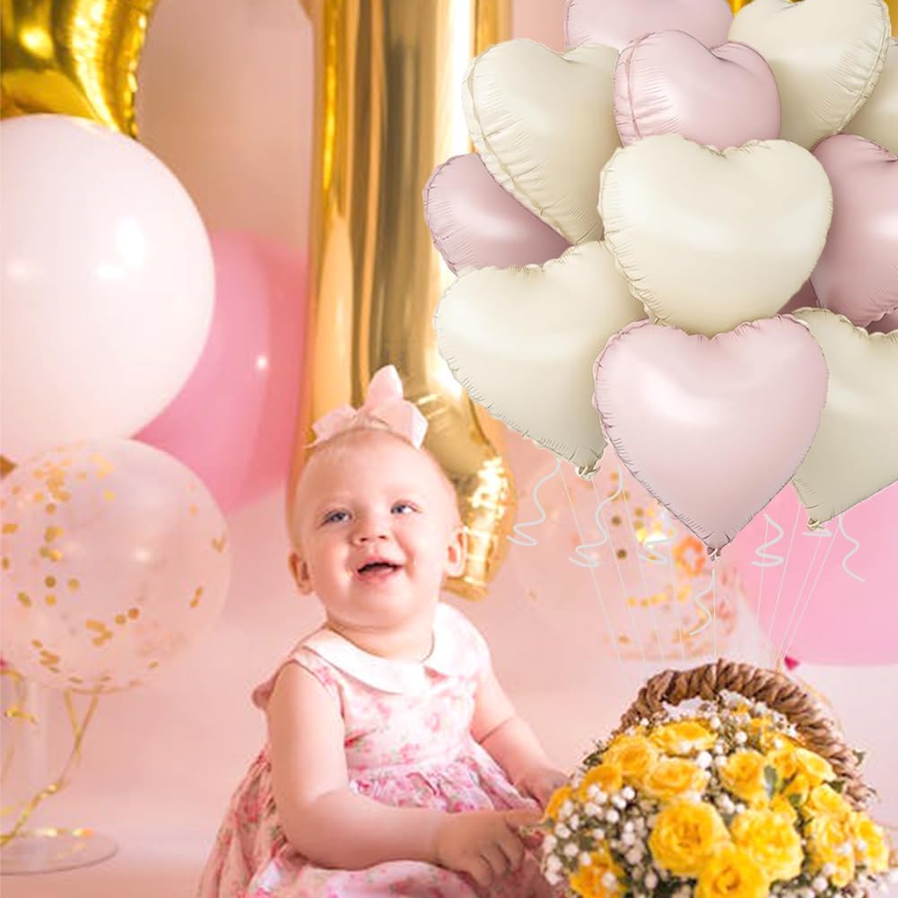 Baby Pink & Baby White Heart Balloons，18 Inch Foil Love Heart Shaped Balloons for Valentines Birthday Wedding Engagement Anniversary Party Graduation Baby Shower Decorations 12Pcs