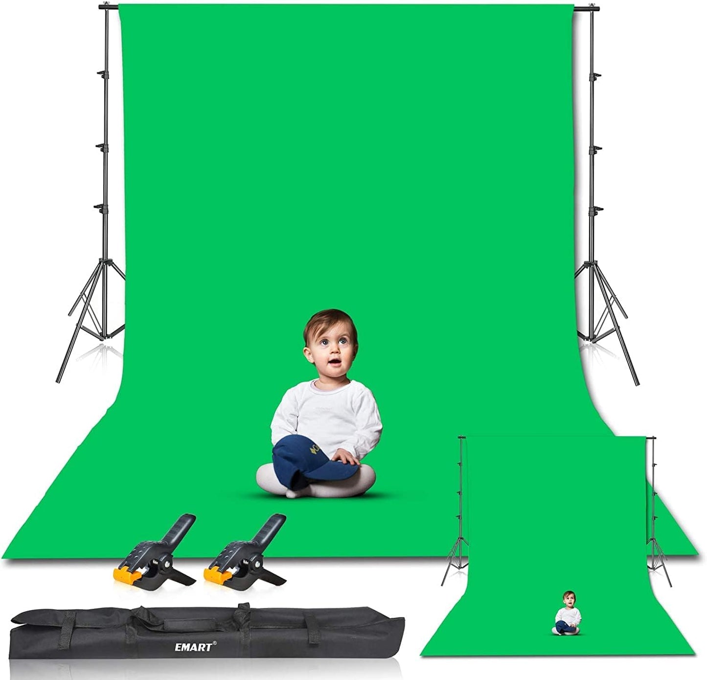 EMART Photo Video Studio 8.5 x 10ft Green Screen Backdrop Stand Kit, Photography Background Support System with 10 x12ft 100% Cotton Muslin Chromakey Curtain