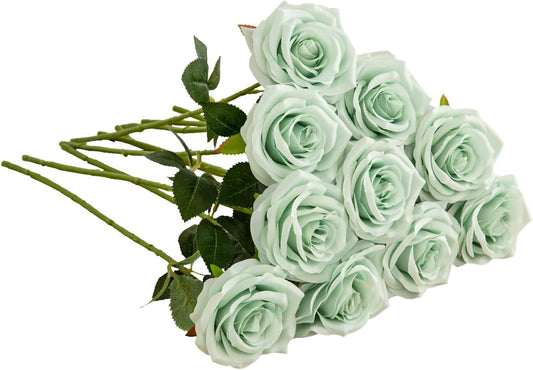 Artificial Rose 10pcs Open Flower Bouquet Sage Green Faux Rose Stems for Wedding Arrangement, Bridal Bouquet, Centerpiece, Fake Faux Silk Flowers