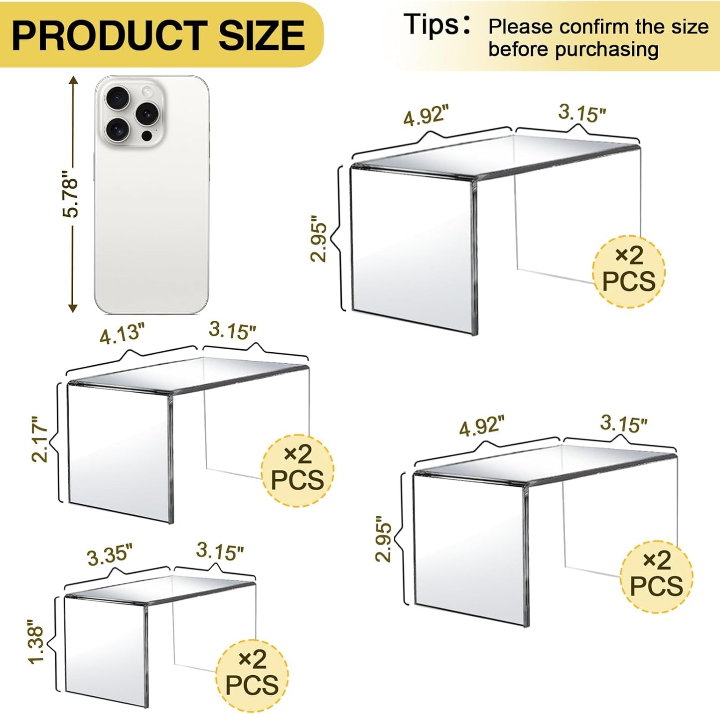 8 Pcs Acrylic Display Risers, 2 Sets Small Size Clear Acrylic Risers, 0.15" Thick, Display Stands for Figure, Action, Dessert, Candy, Jewelry Showcase