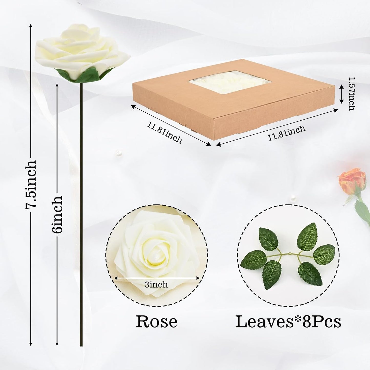 BLEUM CADE 36Pcs Artificial Flowers Fake Roses with Stems, Ivory White Boxed Foam Roses for DIY Bouquets Centerpieces Wedding Party Arrangement Bridal Shower Decor