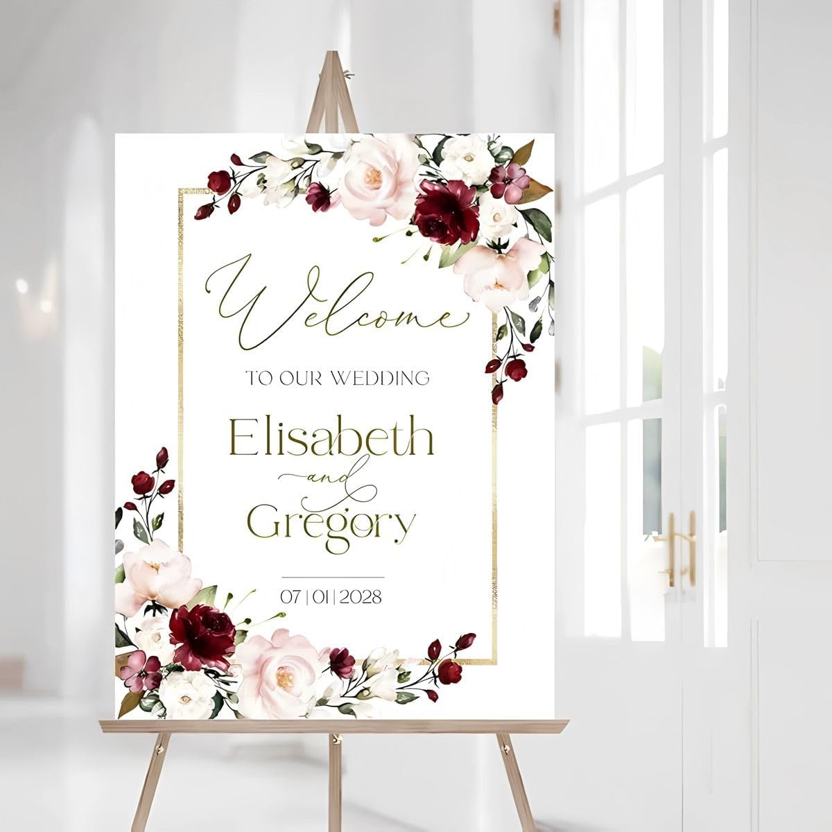 Burgundy Wedding Welcome Sign, Gold Blush Pink To Our Wedding