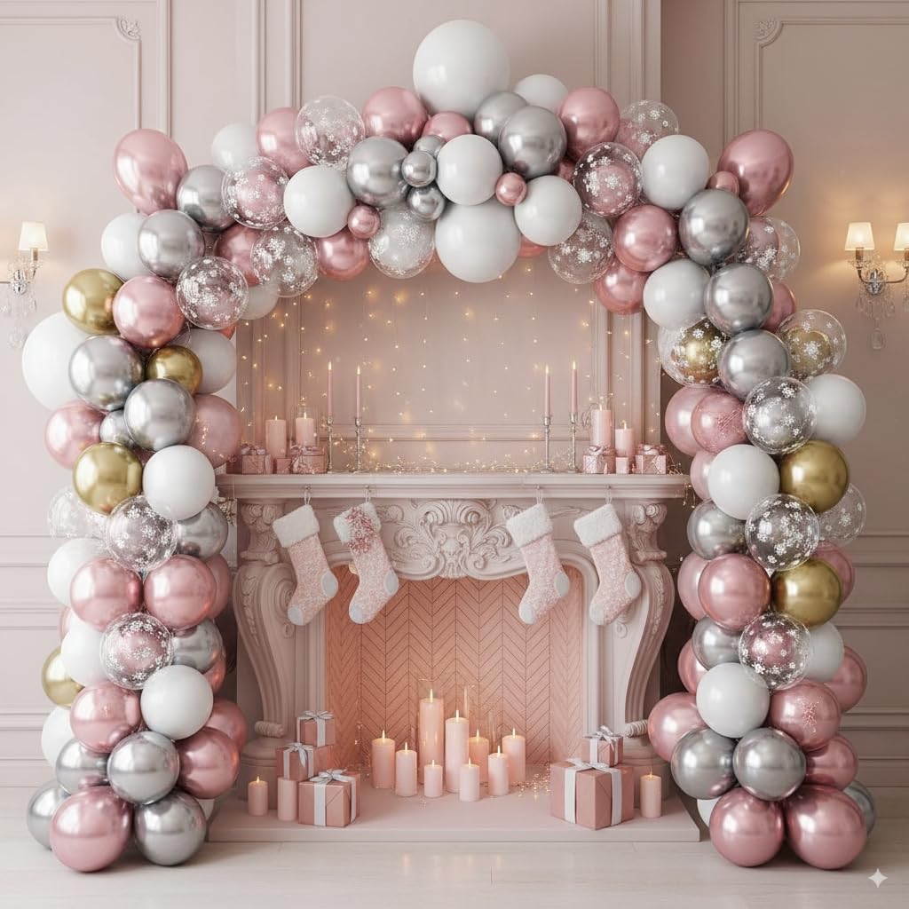 Pink White Winter Wonderland Snowflake Balloons Set, Metallic Light Pink Gold Silver White Snowflake Confetti Balloons for Girl Christmas Birthday Winter Onederland Baby Shower Xmas Party Decorations