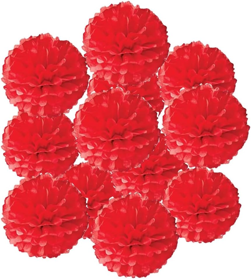 12pcs 10in 12in Red Paper Pom Poms Tissue Paper Flower Hanging Paper Flower Balls Wedding Party Flower Decorations DIY Art Craft Blooms for Birthday Baby Shower Nursery Decor