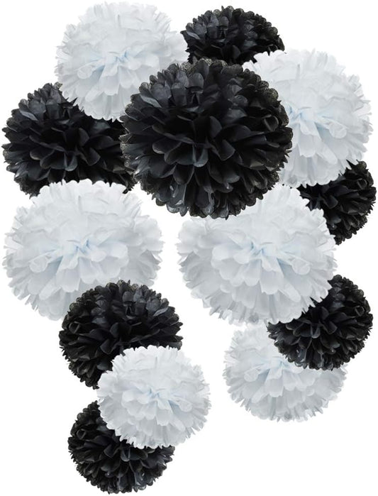 Black and White Paper Flower Tissue Pom Poms Party Supplies (black,white,12pc)
