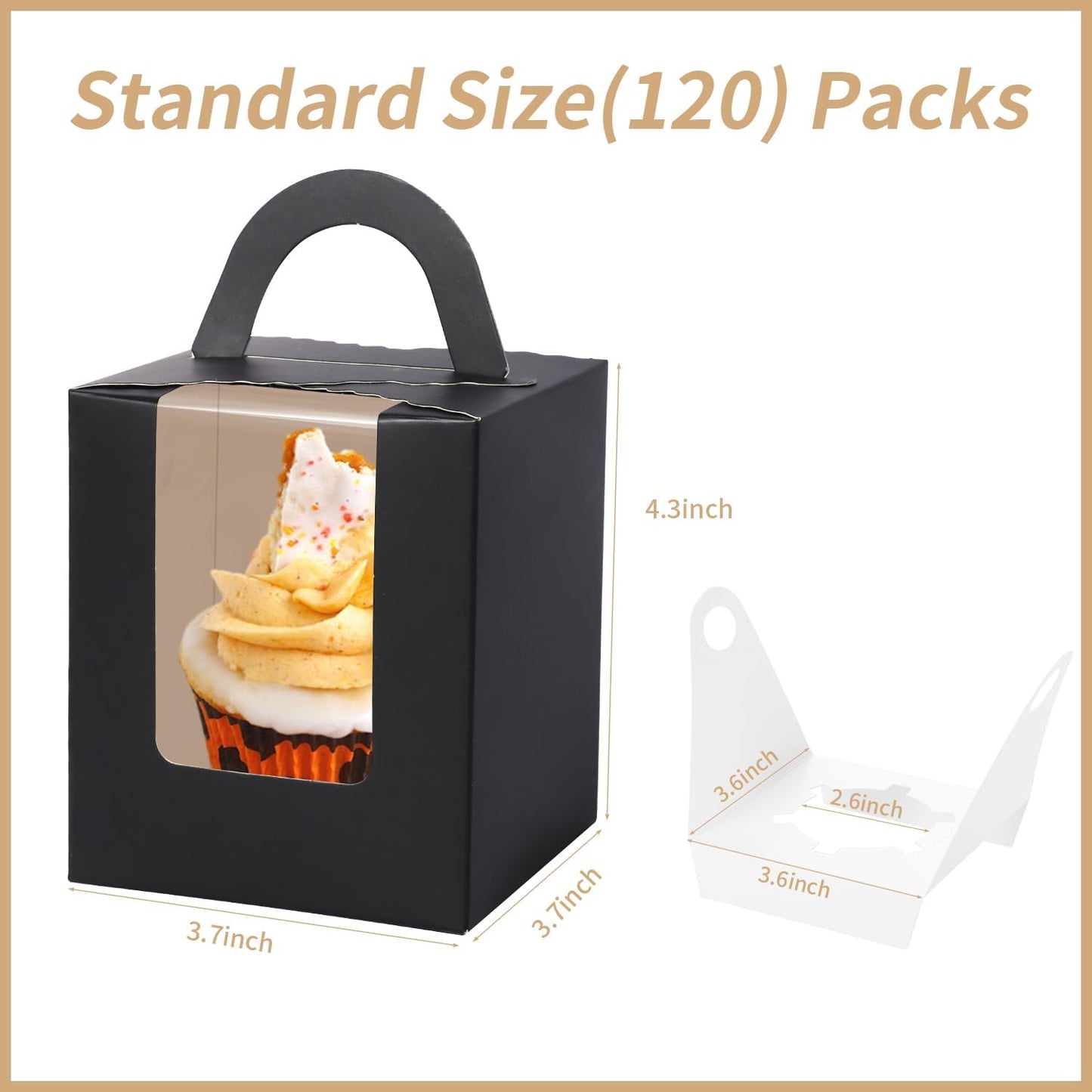 JCD Black Cupcake Boxes Individual 120 Packs Cupcake Holders Disposable Single Cupcake Boxes with Window and Insert Muffins Cupcake Carriers Holder Cookie, Dessert, Donuts, Cupcakes (Black/120Pcs)