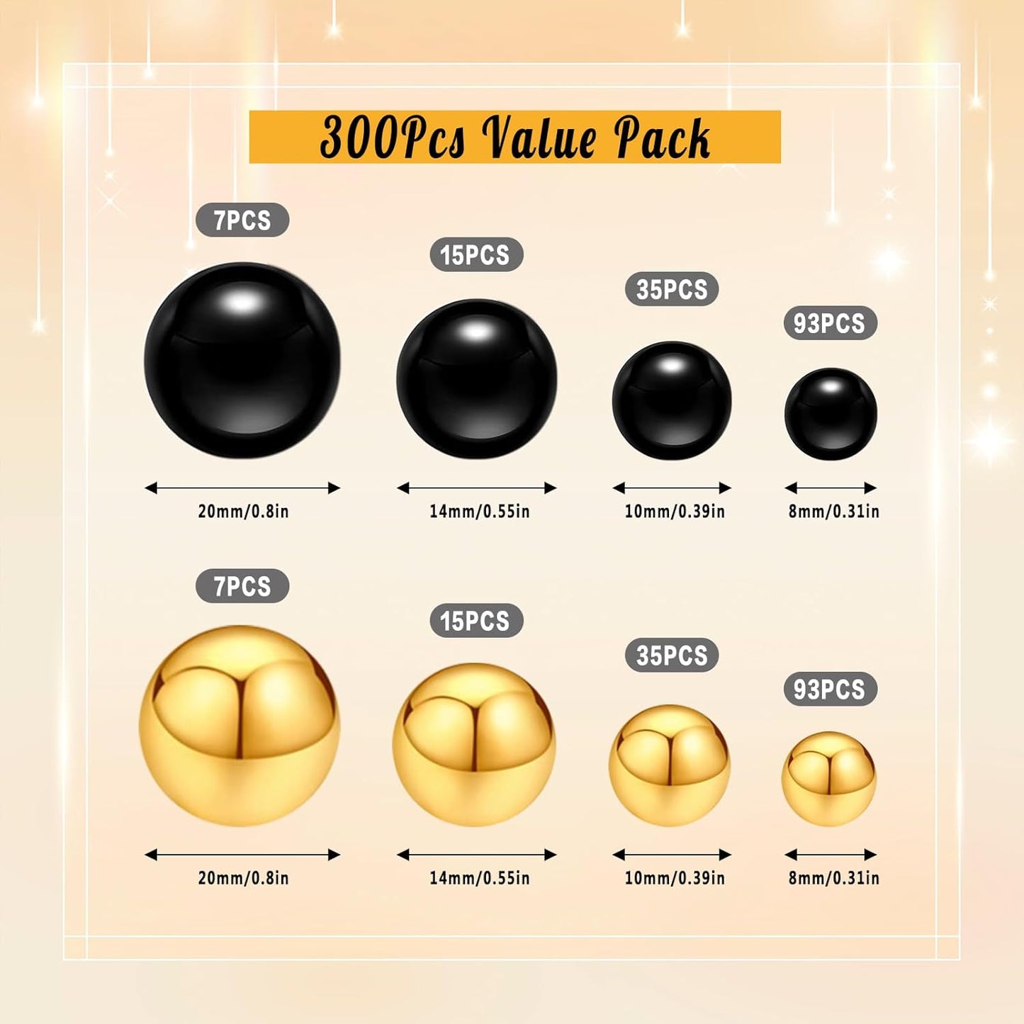 300Pcs Pearl Vase Filler, Black BrightGold No Hole Faux Pearl Beads for Centerpieces Vases, Candle Centerpieces, Wedding Birthday Party Home Decor 8/10/14/20mm