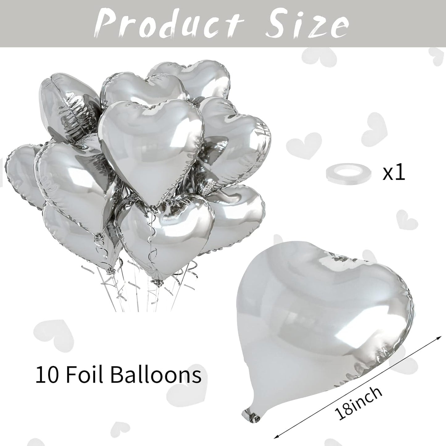 Biapian Silver Foil Heart Balloons, 10PCS Silver Heart Shape Balloons, Valentines Balloons 18inch Love Foil Balloons for Helium Birthday Decorations for Valentines Day, Wedding, Brithday, Baby Shower