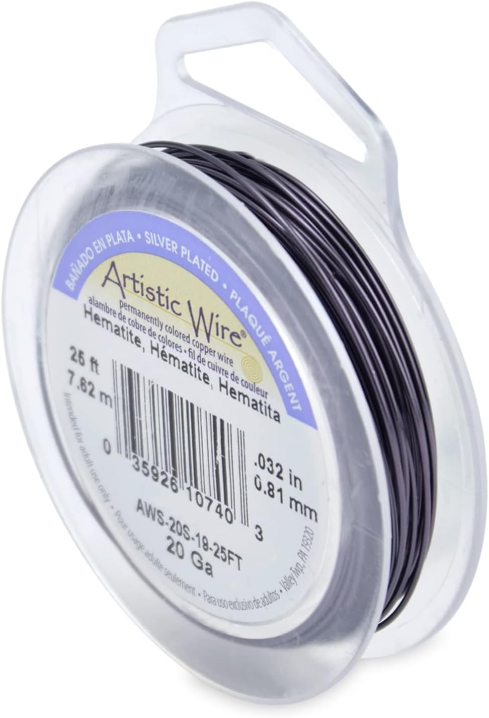 Artistic Wire, 20 Gauge Silver Plated Tarnish Resistant Colored Copper Craft Wire, Hematite, 25 ft