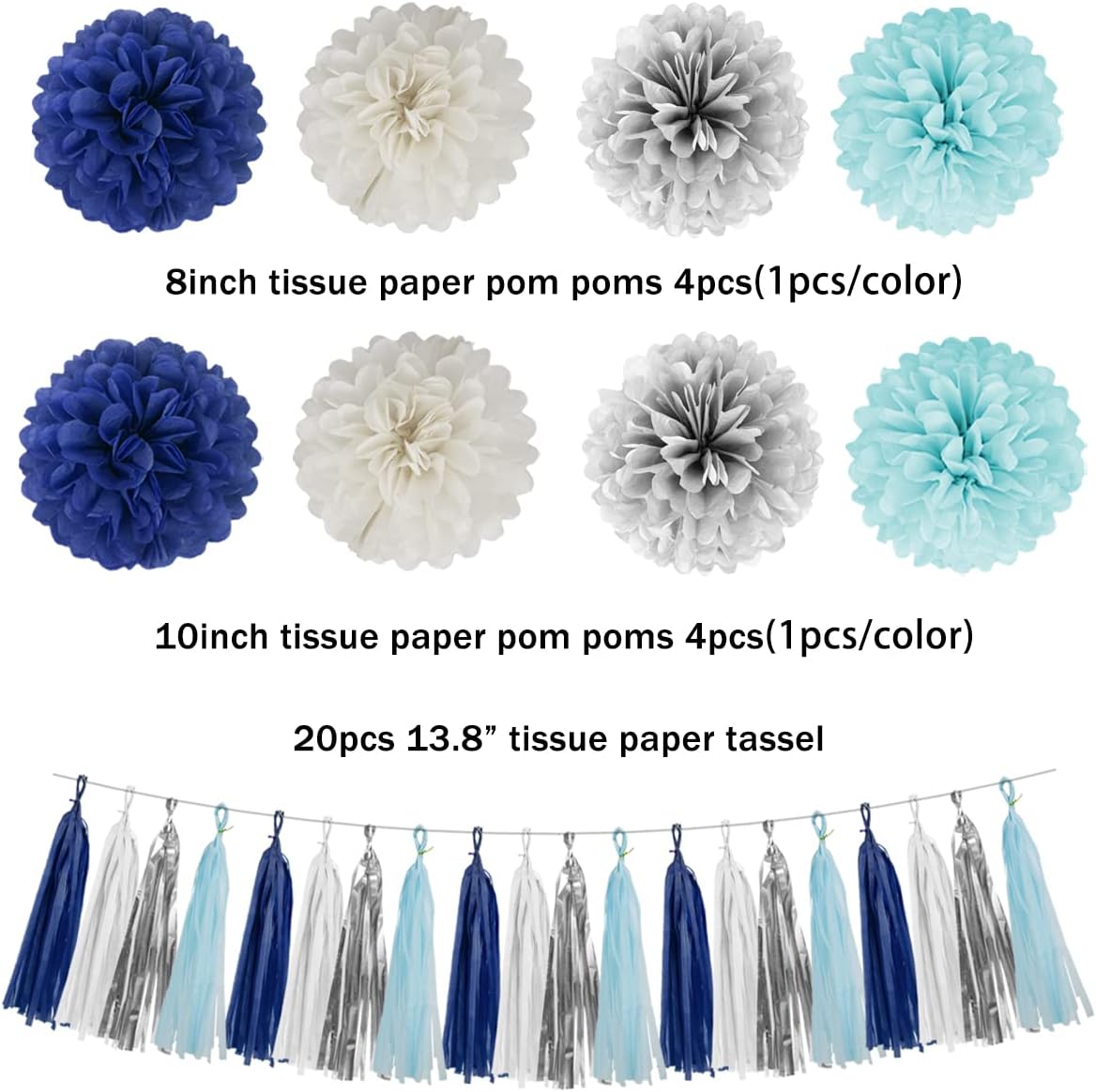 Teal Silver White Navy-Blue Party-Decorations - 30pcs Tissue Paper Flowers Pom Poms Tassel Garland Pennant Banner Flag Streamers Birthday Decorations Boy Men Christmas Baby Shower Winter Hanging Decor