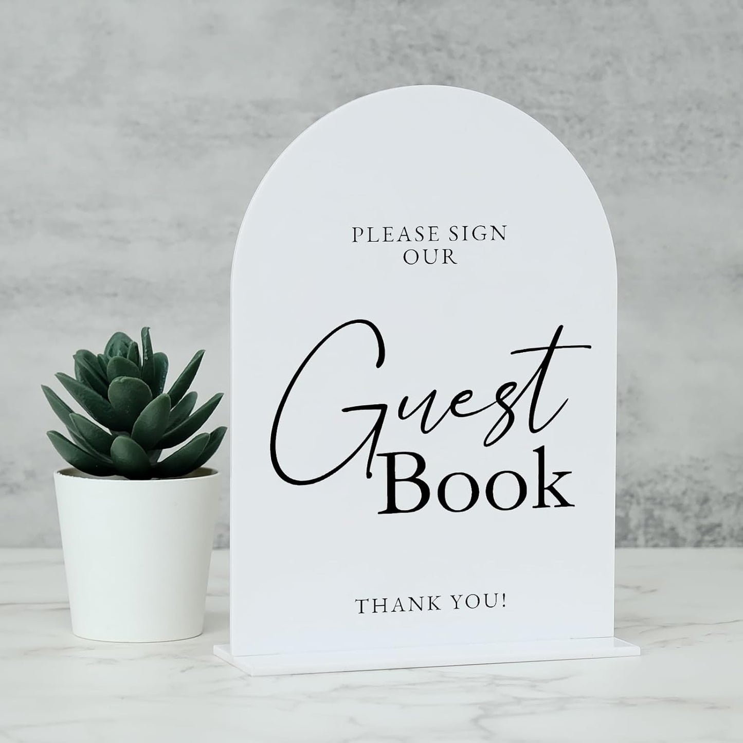 White Arch Acrylic Wedding Sign- 5"x7" Guest Book Sign and Base,1/8" Thick | Modern Calligraphy Arched Acrylic Table Sign for Wedding & Event Party
