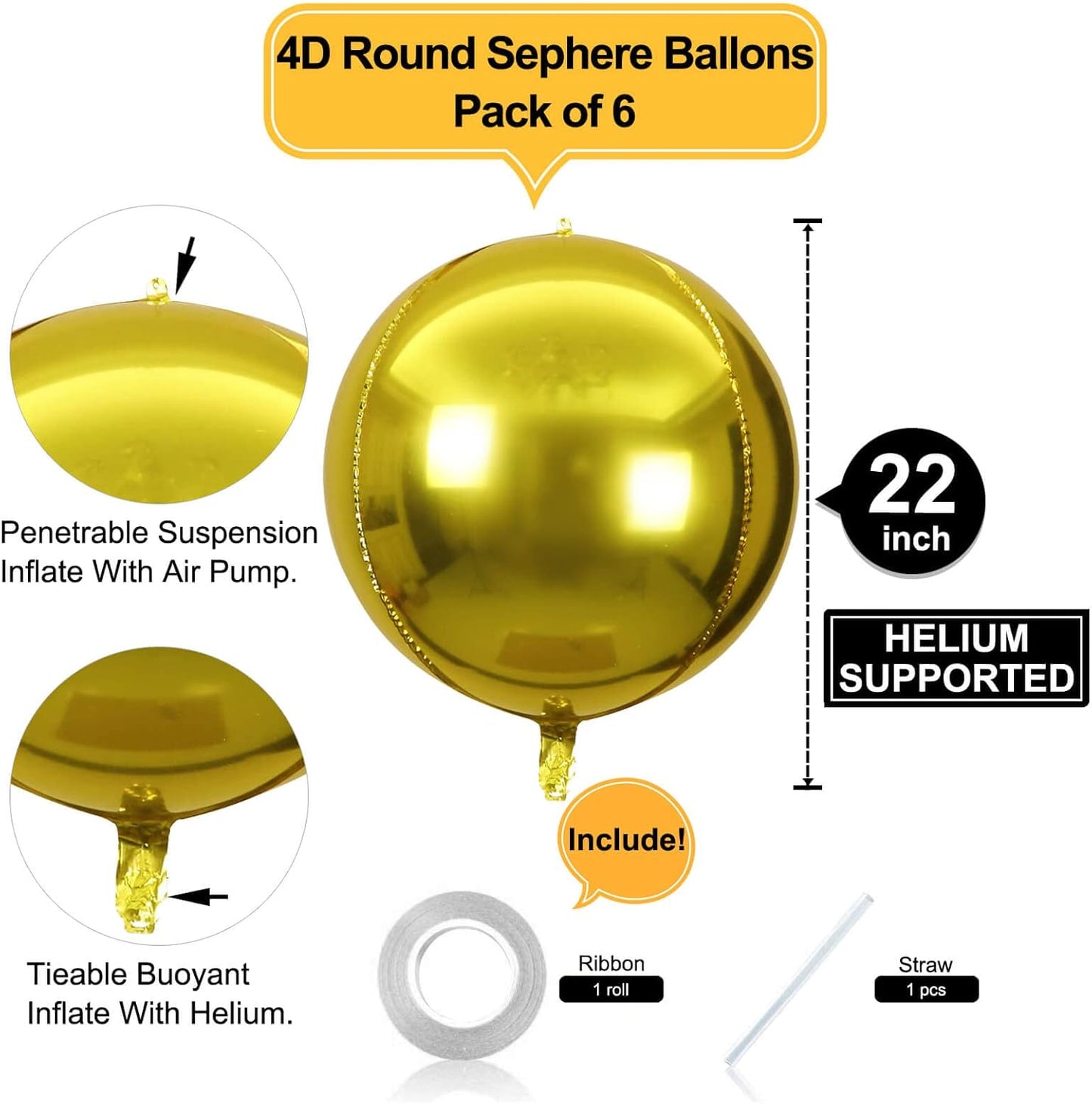6 Pack Gold Balloons 22 Inch 4D Big Round Foil Balloons Gold Metallic Balloons for Wedding Birthday Bridal Shower Baby Shower Decorations Party Supplies