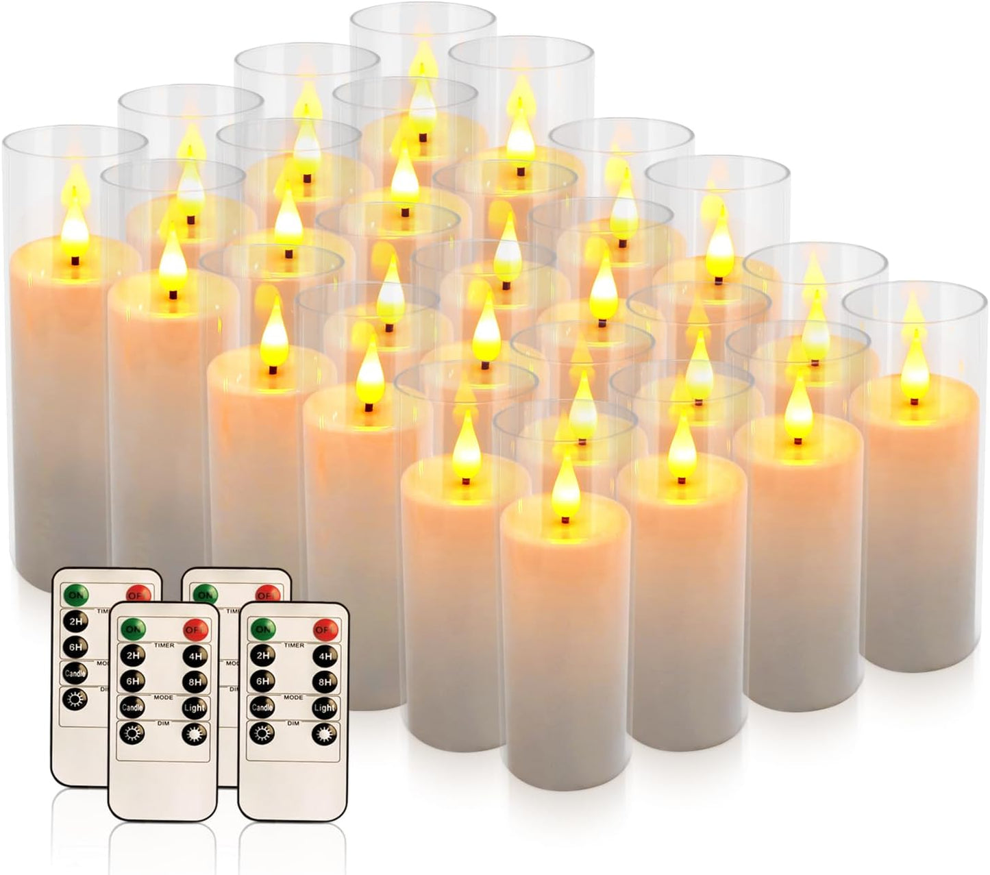 Flickering Flameless LED Candles, 24 Pcs Battery Operated Acrylic LED Pillar Candles with 4 Remote Controls & Timer Function - Safe for Home, Wedding, Outdoor Decor, Halloween, Christmas Party.