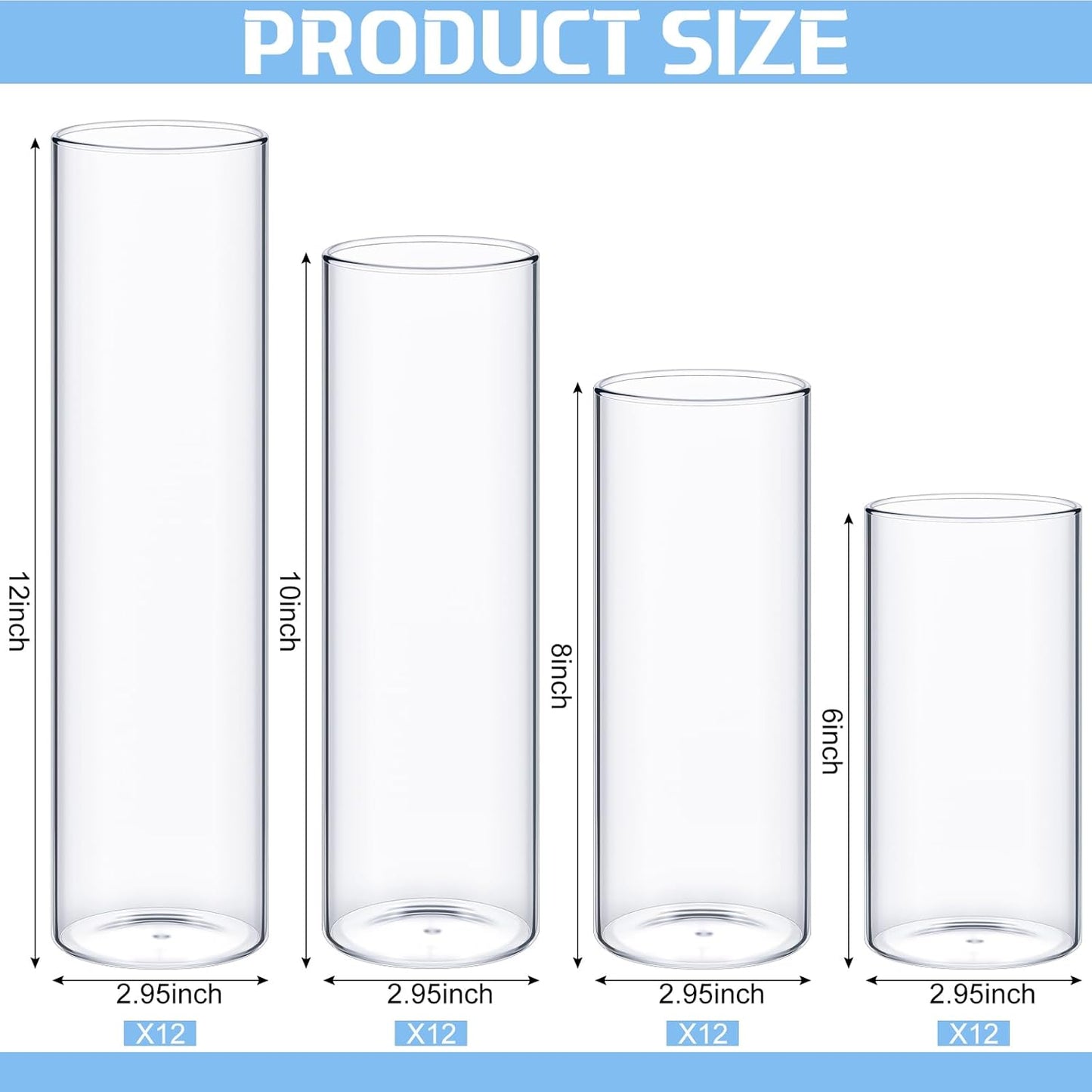 Sawysine 48 Pcs Glass Cylinder Vases 2.5''/2.95''/3.9'' Diameter Clear Flowers Vase Hurricane Floating Candles Holders for Table Centerpieces (2.95 x 6 in,2.95 x 8 in,2.95 x 10 in,2.95 x 12 in)