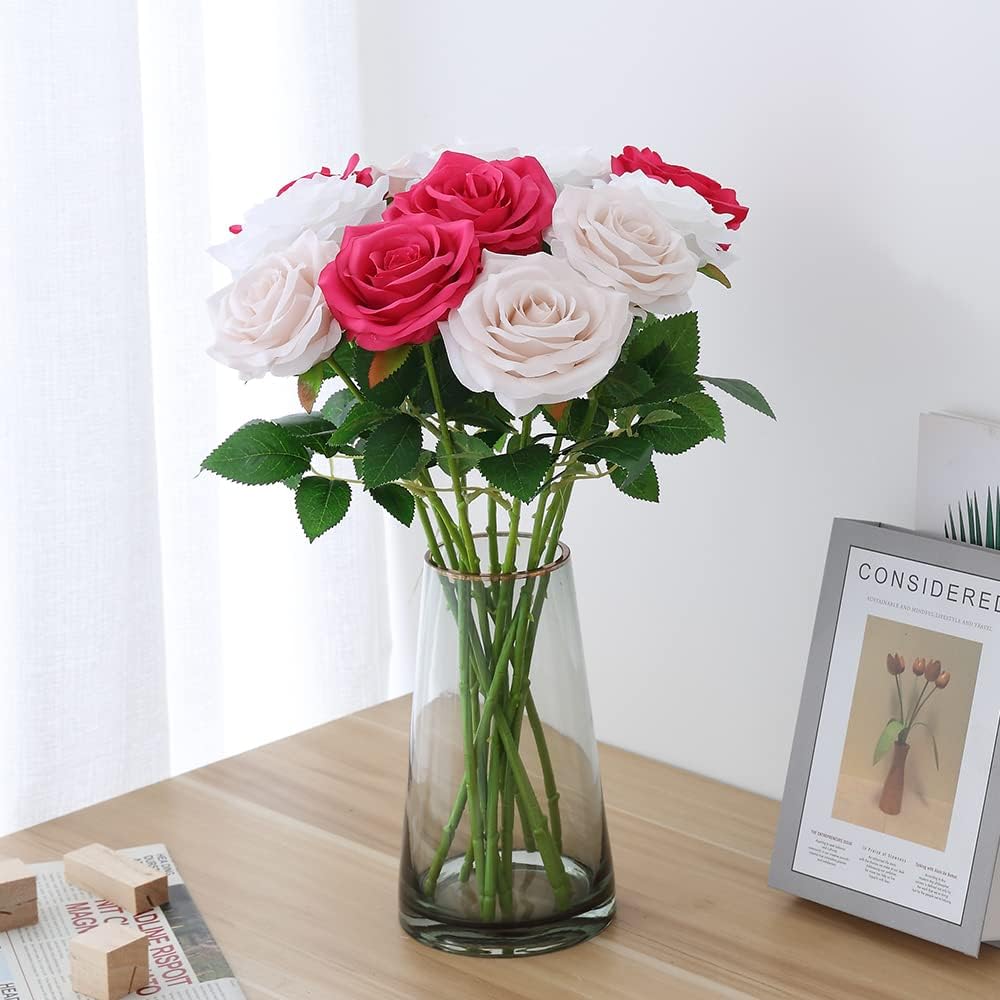 Artificial Rose 10pcs Open Flower Bouquet Faux Rose Stems for Wedding Arrangement, Bridal Bouquet, Centerpiece, Fake Faux Silk Flowers (Hot Pink)