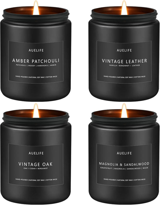 Scented Candles Set | Candle for Men, Soy Candles for Home Scented, Gifts for Men - Mens Gifts, 4 Pack Candle Gift for Dad Fathers Day (Leather/Vintage Oak/Amber Patchouli/Magnolia & Sandalwood)