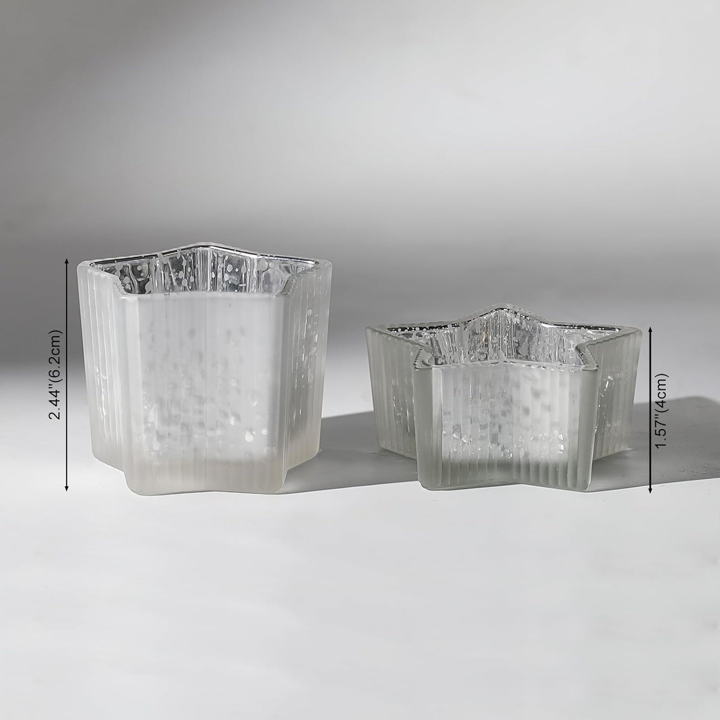 Letine 10pcs Frosted Silver Ribbed Star Candle Cups - Assorted Height Tea Light Candle Holders, Mercury Glass Votives for Wedding, Fall Table Centerpiece& Holiday Decorations (Tall 2.44", Short 1.57")