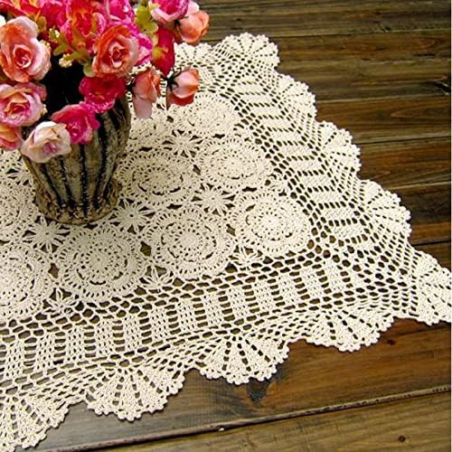 Cotton Handmade Crochet lace Table Runners Rectangular Tablecloth Doilies Doily Table Dresser Scarf Décor,19x35Inch,Beige
