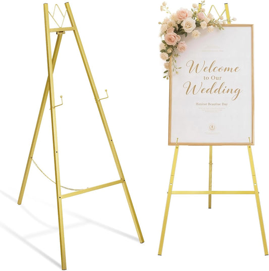 GRENTY 46.7" Gold Easel Stand for Wedding Signs – No Assembly Needed, Heavy Duty Metal Display Stand for Art, Welcome Signs, Posters, Pictures, Paintings, and Floor Décor